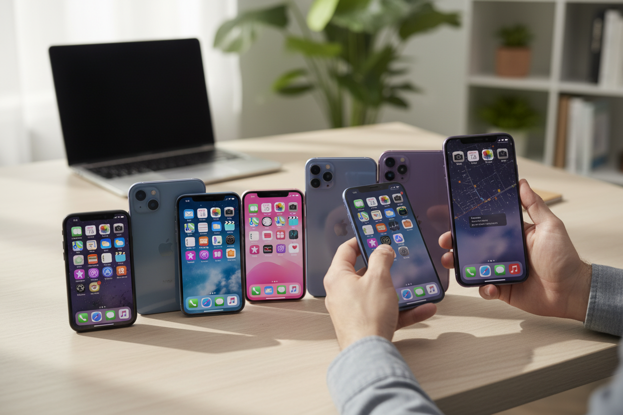 Multiple iPhones displayed side by side for an in-depth iPhone comparison guide to help you choose