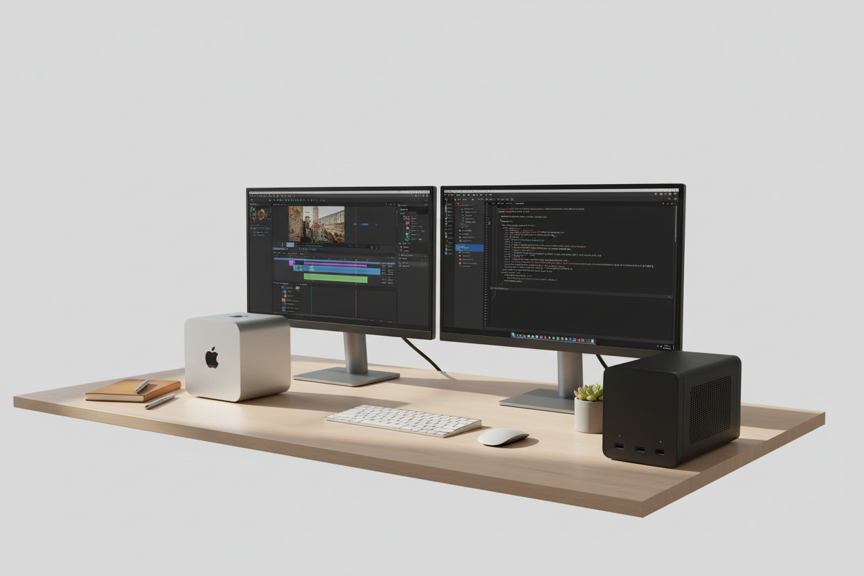 Modern workspace setup showing Mac mini comparison with dual monitors for editing and coding tasks