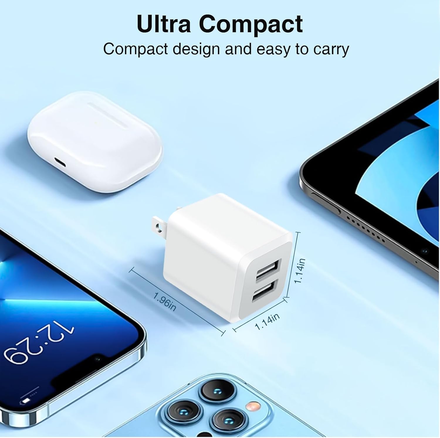 Dual Port USB Wall Charger (Milky White), Fast Charging, Compatible with iPhone 14, 13, 12, 11.