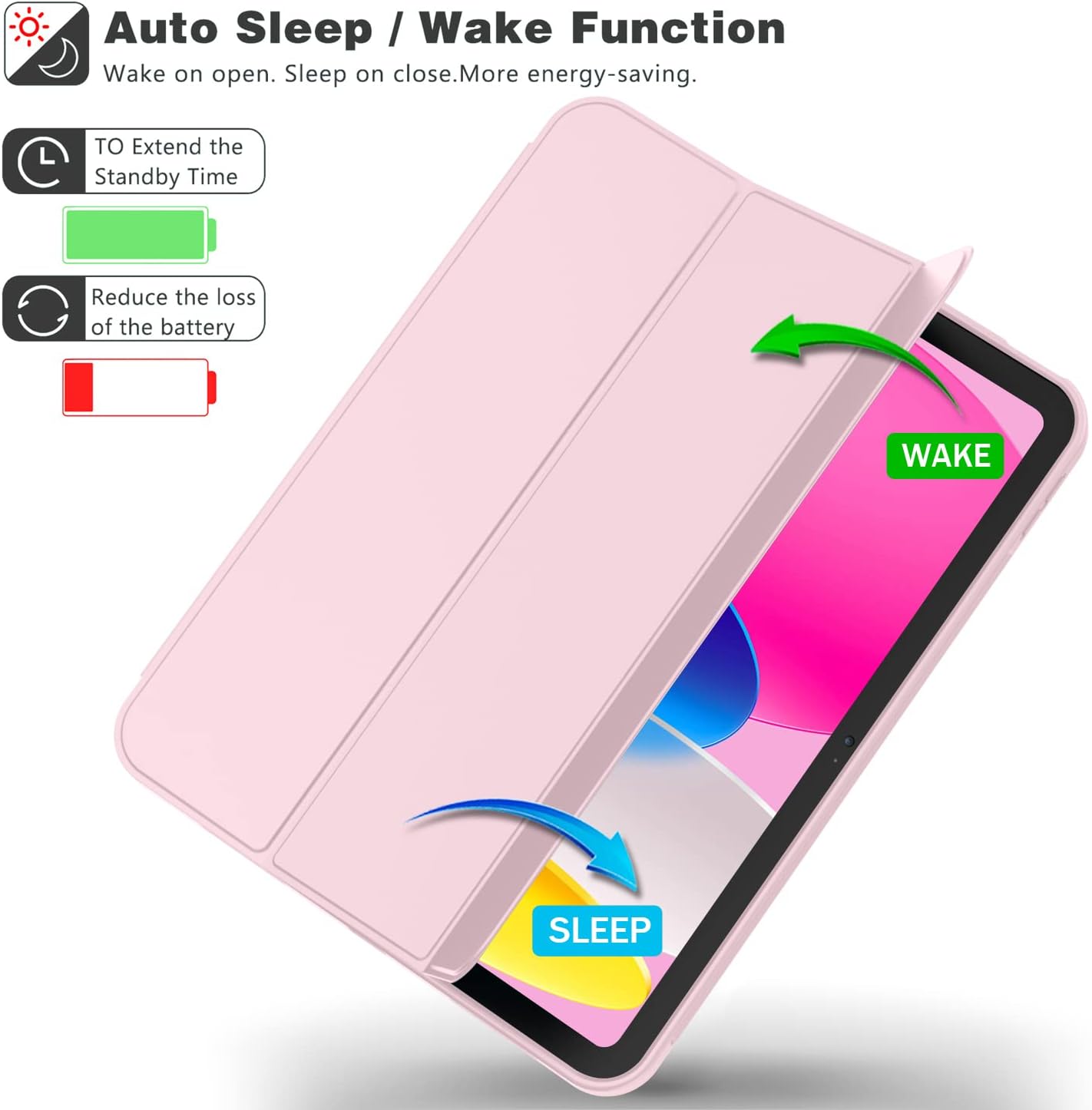 Pink Trifold Case for iPad 10th Gen (2022/2025), 11-inch, with Pencil Holder & Auto Wake/Sleep.