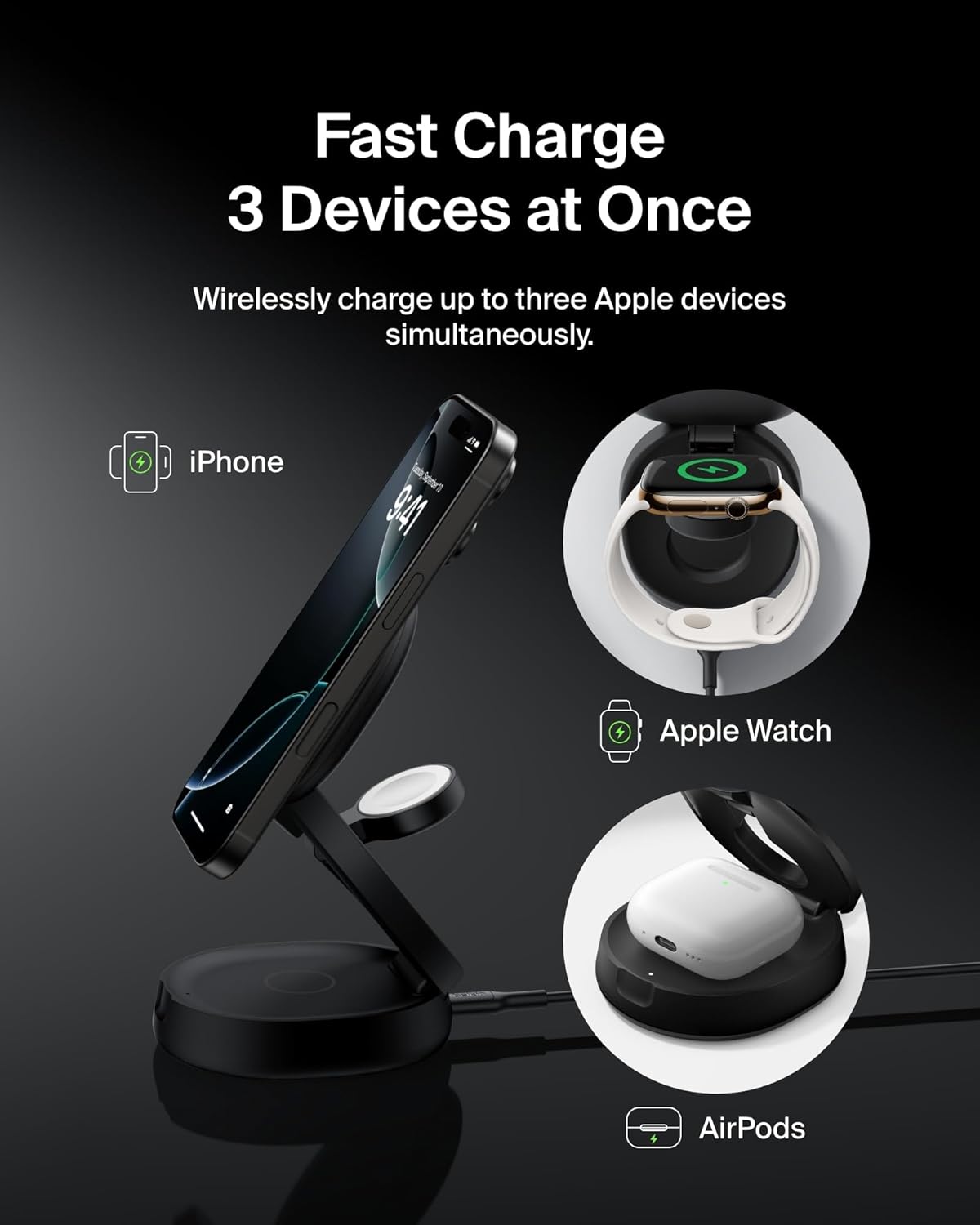 MagSafe Charger Compatible, 3-in-1 Qi2 15W Wireless Charging Station, Convertible Wireless Charger for iPhone 17, Apple Watch, AirPods, Pixel 10, Phone Stand for Travel w/ 36W Adapter - Black