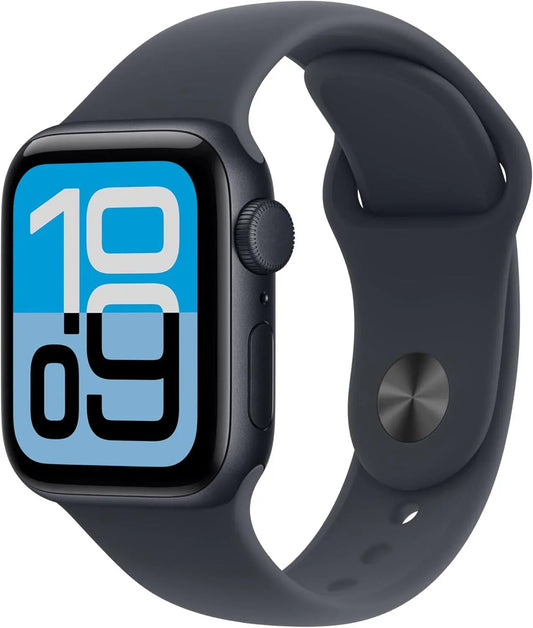 Apple Watch SE 3 in dark gray with a blue and white digital display.