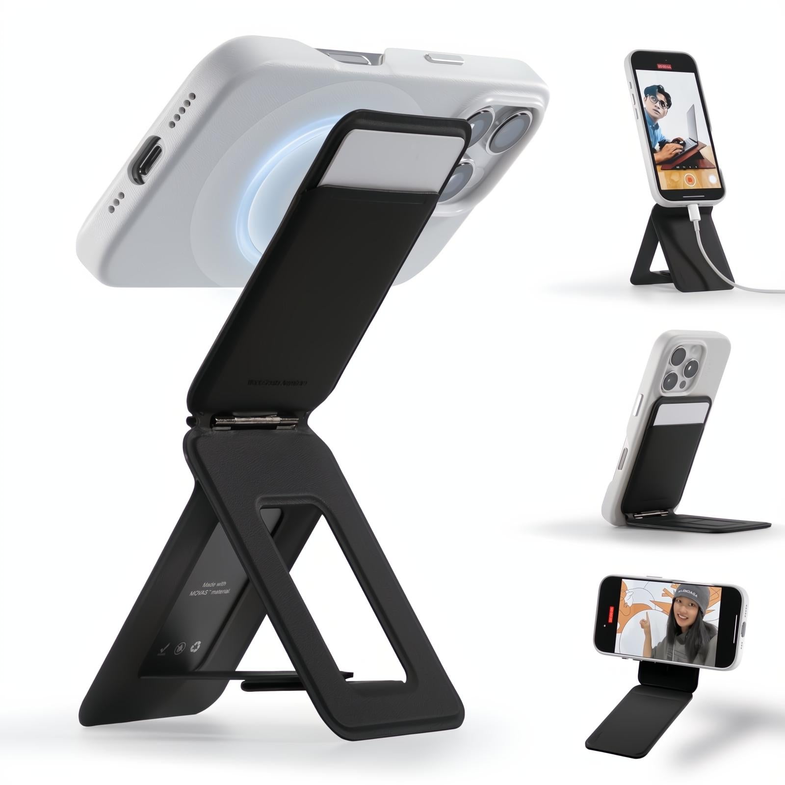 MOFT Phone Tripod Stand Selfie Stick for iPhone, Multi-Angles iPhone Stand, Lightweight & Portable Phone Holder, Strong Magnets, MOVAS Vegan Leather, Travel Essentials, Jet Black (Without Card Slot)