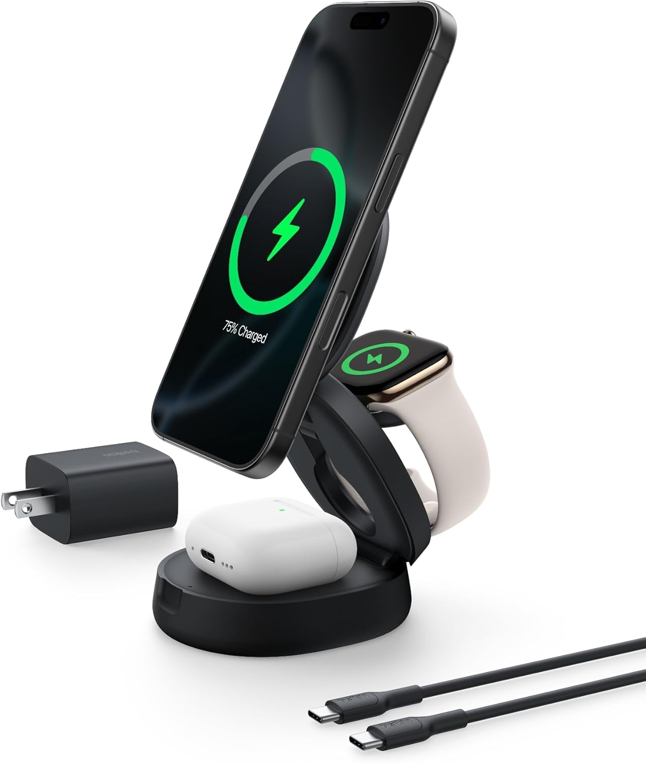 MagSafe Charger Compatible, 3-in-1 Qi2 15W Wireless Charging Station, Convertible Wireless Charger for iPhone 17, Apple Watch, AirPods, Pixel 10, Phone Stand for Travel w/ 36W Adapter - Black