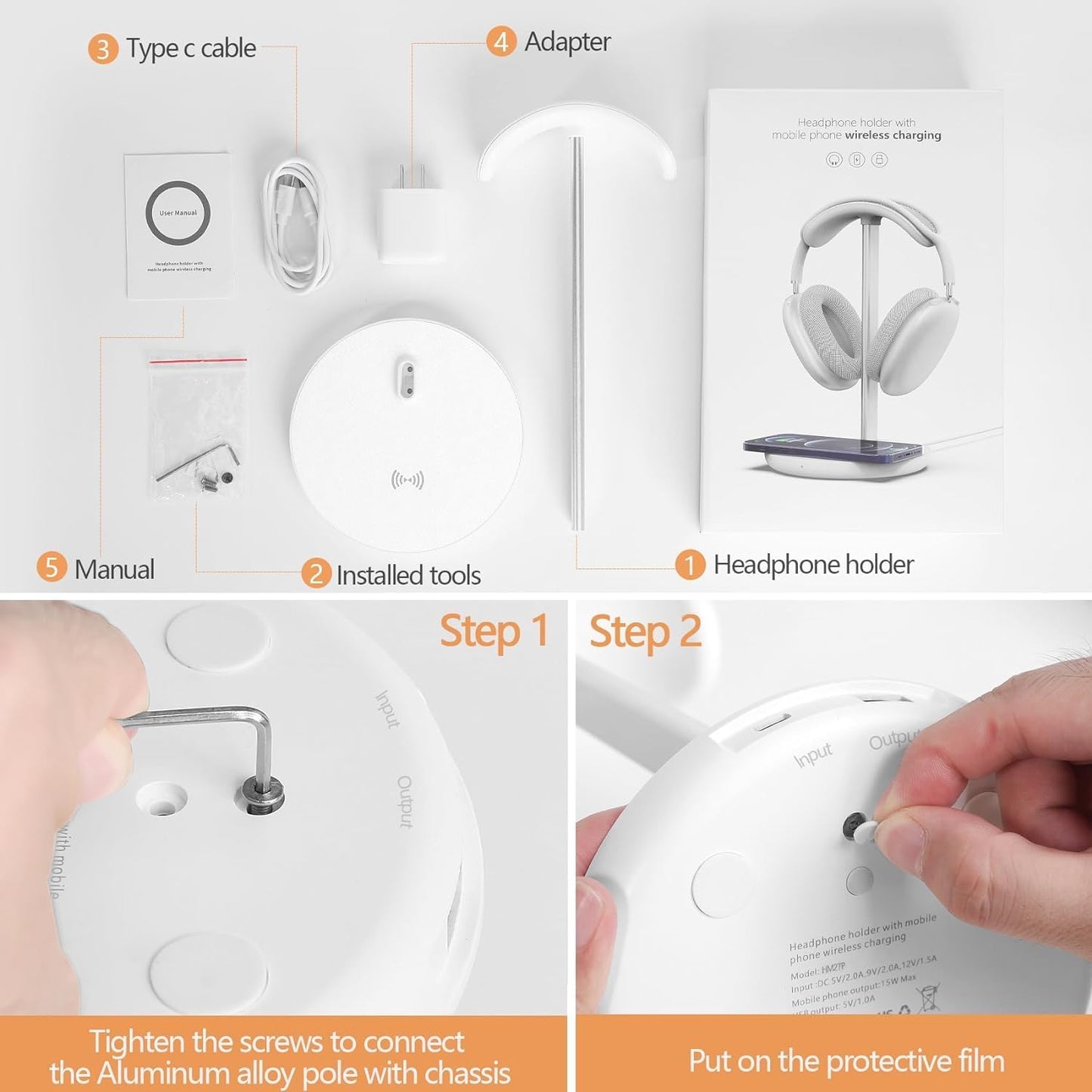 Headphone Stand: Wireless Charger, USB Port, 5-in-1 Charging Station for AirPods, iWatch, iPhone, Samsung