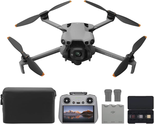 Gray DJI Mini 5 Pro drone with remote, batteries, charging hub, case, and filters.