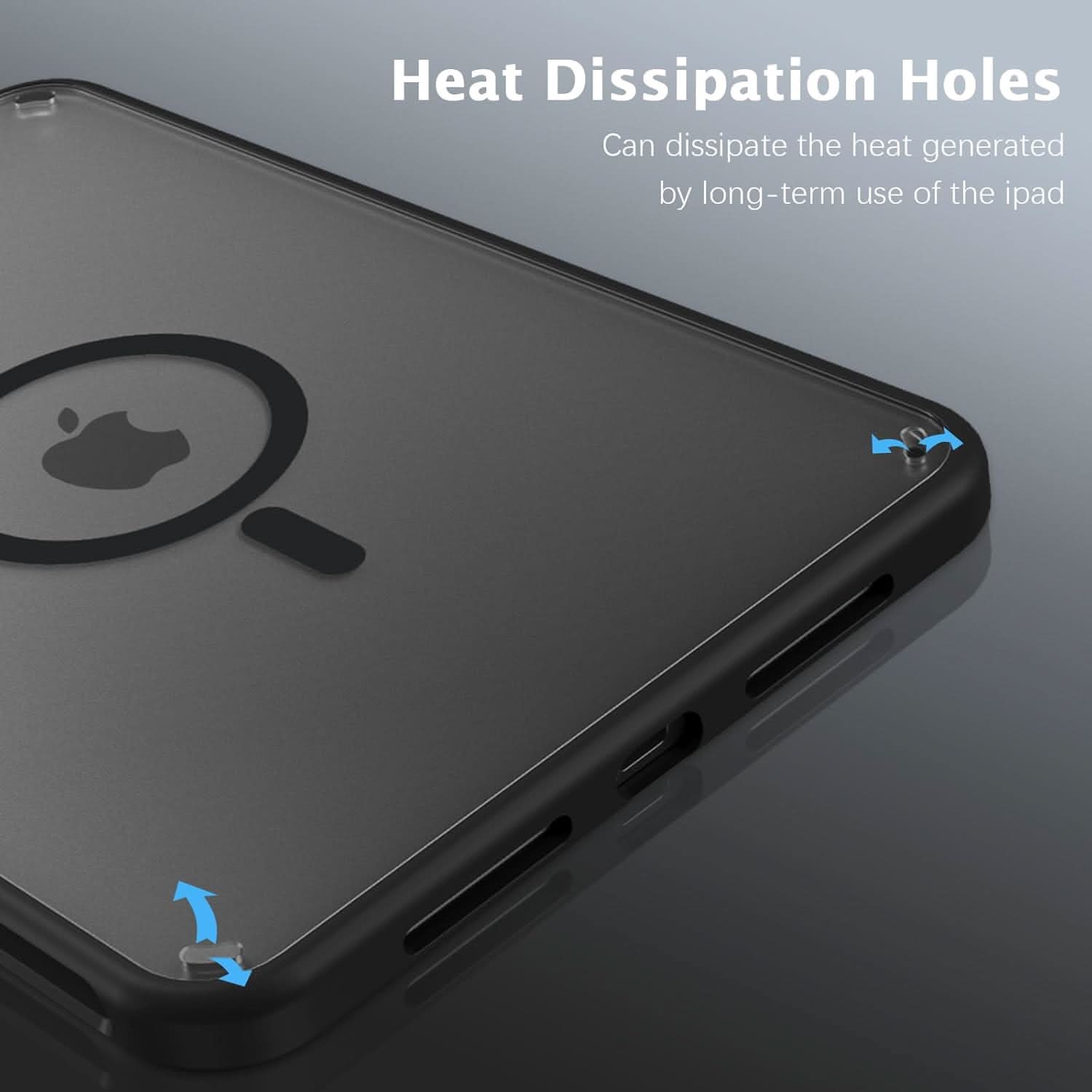 Close-up of a dark gray frosted iPad case featuring heat dissipation holes.