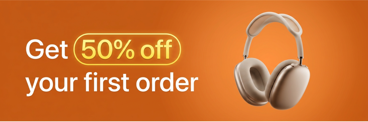 Beats headphones on an orange background with a text offering 50% off the first order.