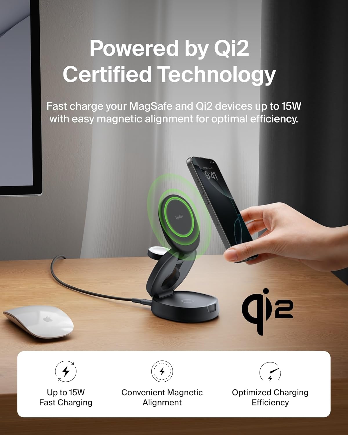 MagSafe Charger Compatible, 3-in-1 Qi2 15W Wireless Charging Station, Convertible Wireless Charger for iPhone 17, Apple Watch, AirPods, Pixel 10, Phone Stand for Travel w/ 36W Adapter - Black