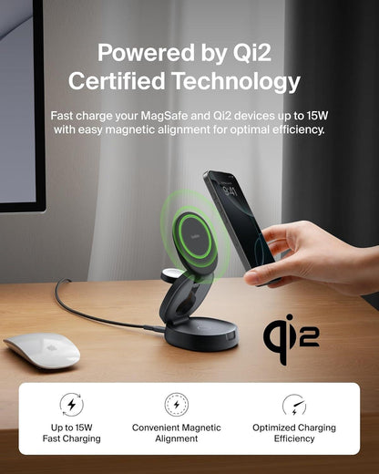 MagSafe Charger Compatible, 3-in-1 Qi2 15W Wireless Charging Station, Convertible Wireless Charger for iPhone 17, Apple Watch, AirPods, Pixel 10, Phone Stand for Travel w/ 36W Adapter - Black