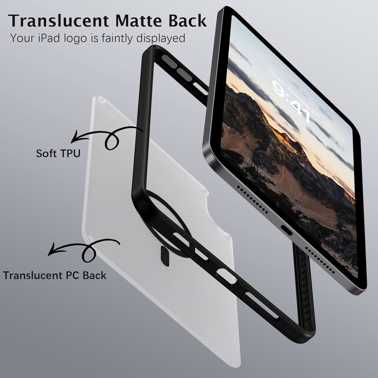 Translucent iPad case with soft black TPU frame and matte PC back.