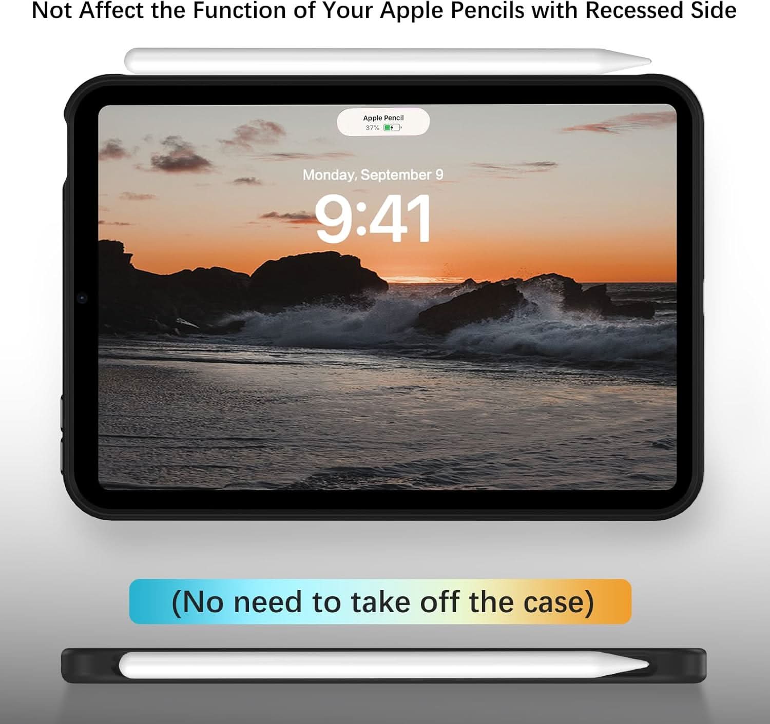 Black iPad case with a white Apple Pencil magnetically charging on its recessed side.