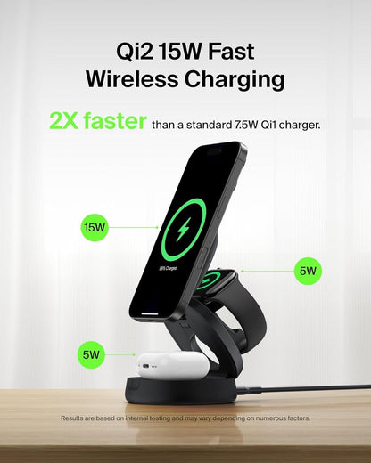 MagSafe Charger Compatible, 3-in-1 Qi2 15W Wireless Charging Station, Convertible Wireless Charger for iPhone 17, Apple Watch, AirPods, Pixel 10, Phone Stand for Travel w/ 36W Adapter - Black