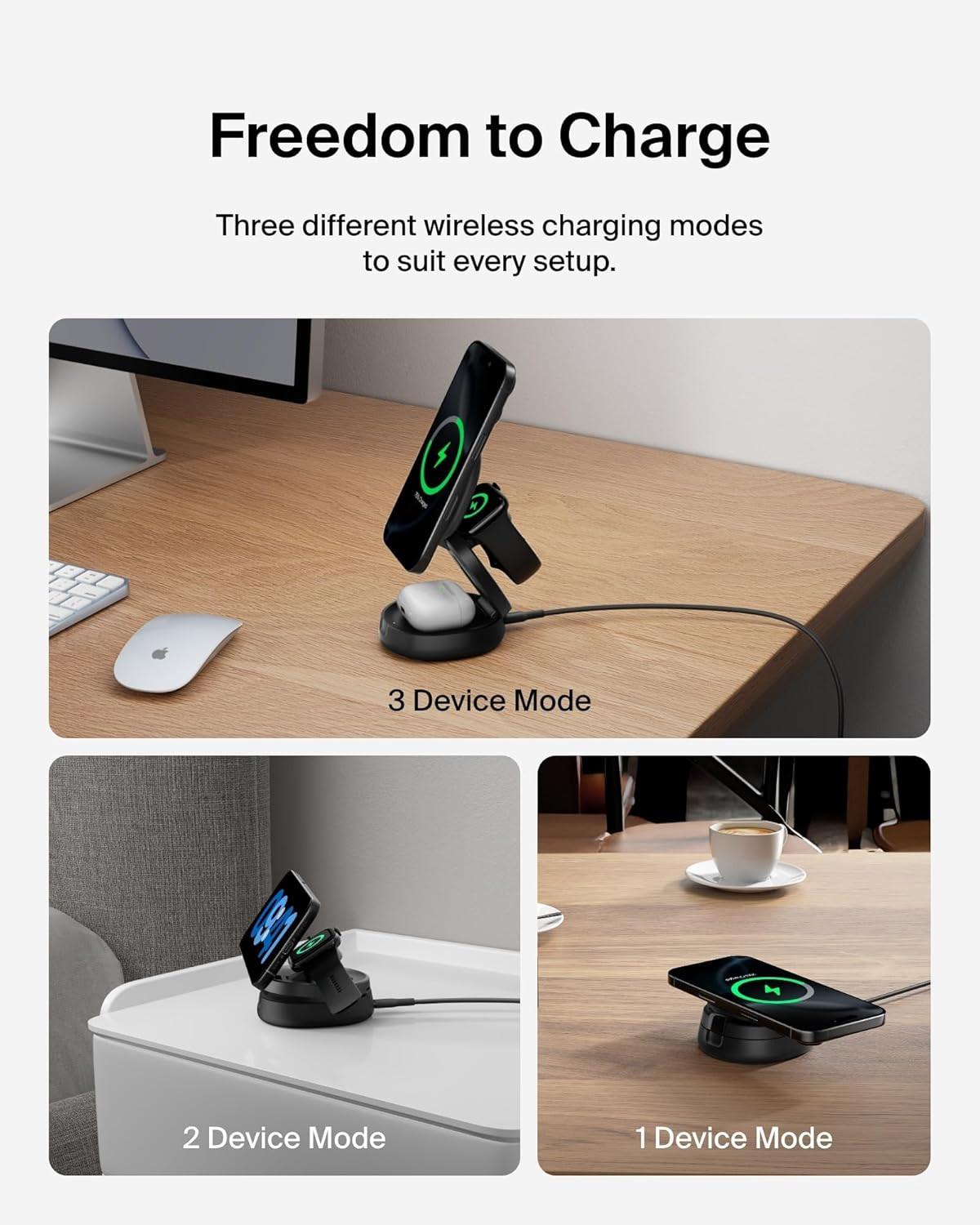 MagSafe Charger Compatible, 3-in-1 Qi2 15W Wireless Charging Station, Convertible Wireless Charger for iPhone 17, Apple Watch, AirPods, Pixel 10, Phone Stand for Travel w/ 36W Adapter - Black