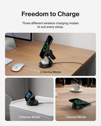 MagSafe Charger Compatible, 3-in-1 Qi2 15W Wireless Charging Station, Convertible Wireless Charger for iPhone 17, Apple Watch, AirPods, Pixel 10, Phone Stand for Travel w/ 36W Adapter - Black