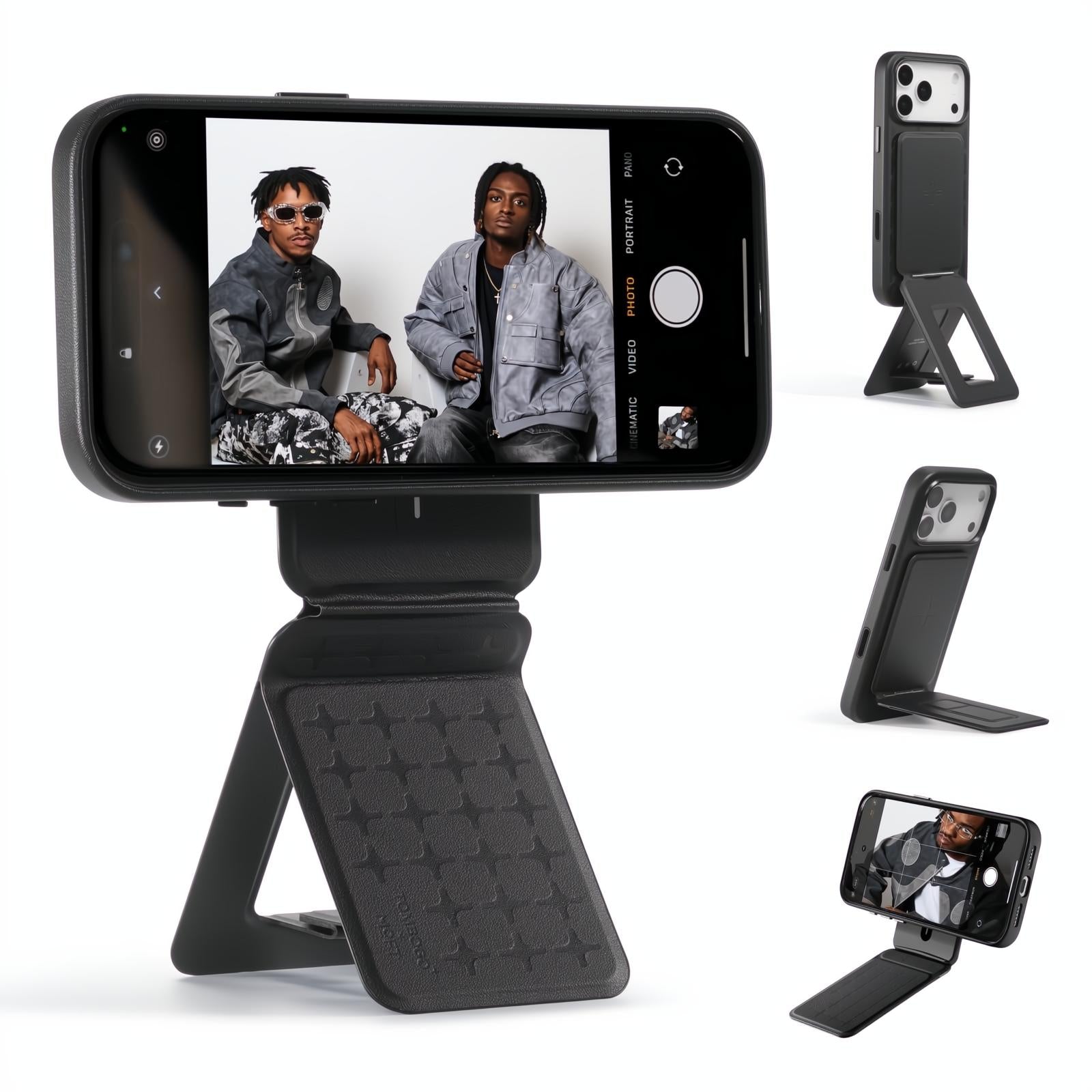 MOFT Phone Tripod Stand Selfie Stick for iPhone, Multi-Angles iPhone Stand, Lightweight & Portable Phone Holder, Strong Magnets, MOVAS Vegan Leather, Travel Essentials, Jet Black (Without Card Slot)