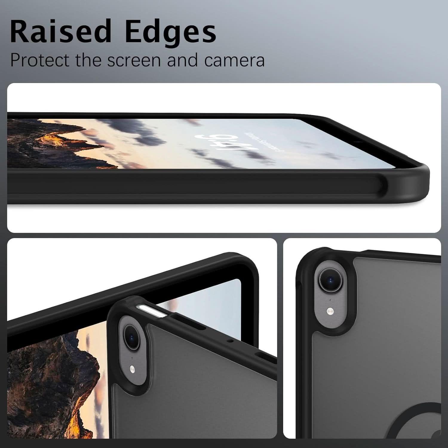 Black and translucent grey iPad Mini case showing raised screen and camera edges.