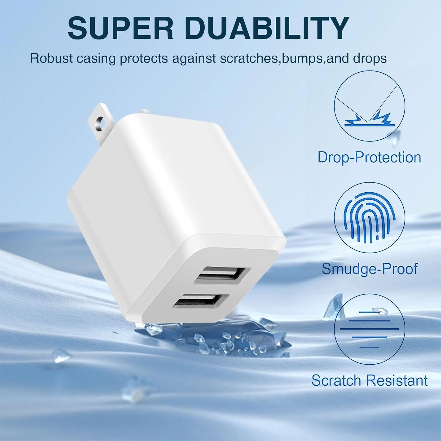 Dual Port USB Wall Charger (Milky White), Fast Charging, Compatible with iPhone 14, 13, 12, 11.