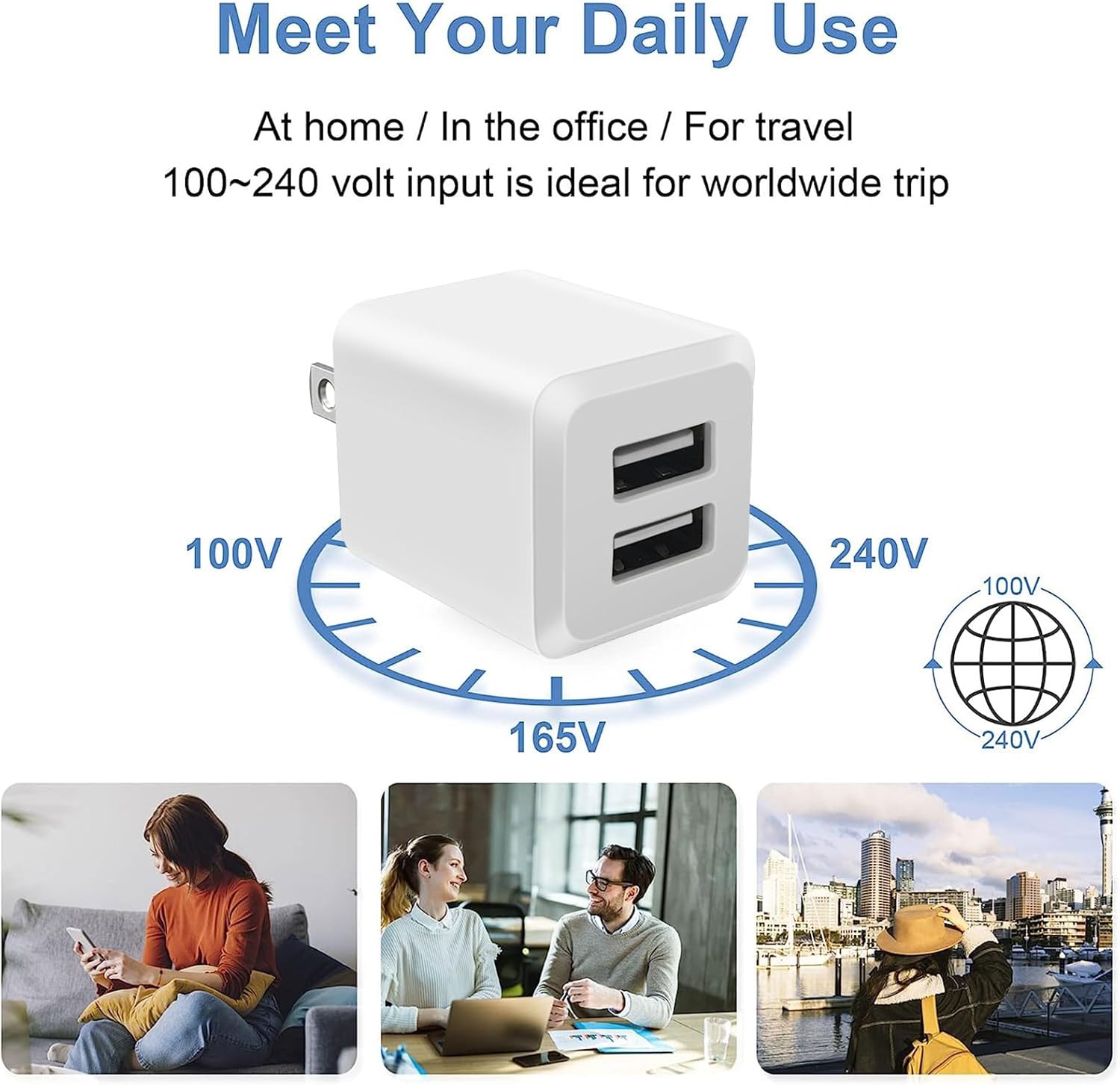 Dual Port USB Wall Charger (Milky White), Fast Charging, Compatible with iPhone 14, 13, 12, 11.