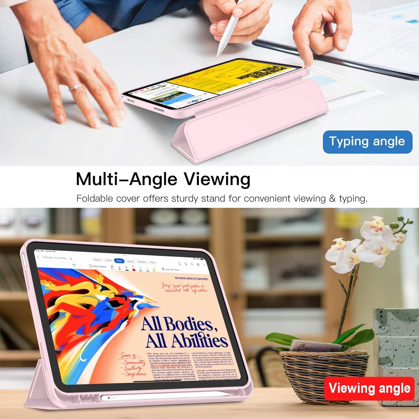 Pink Trifold Case for iPad 10th Gen (2022/2025), 11-inch, with Pencil Holder & Auto Wake/Sleep.