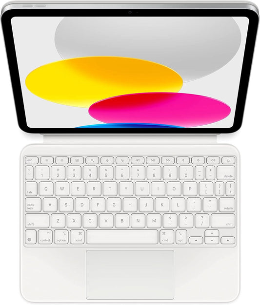 White iPad and Magic Keyboard Folio with trackpad, showing colorful screen.