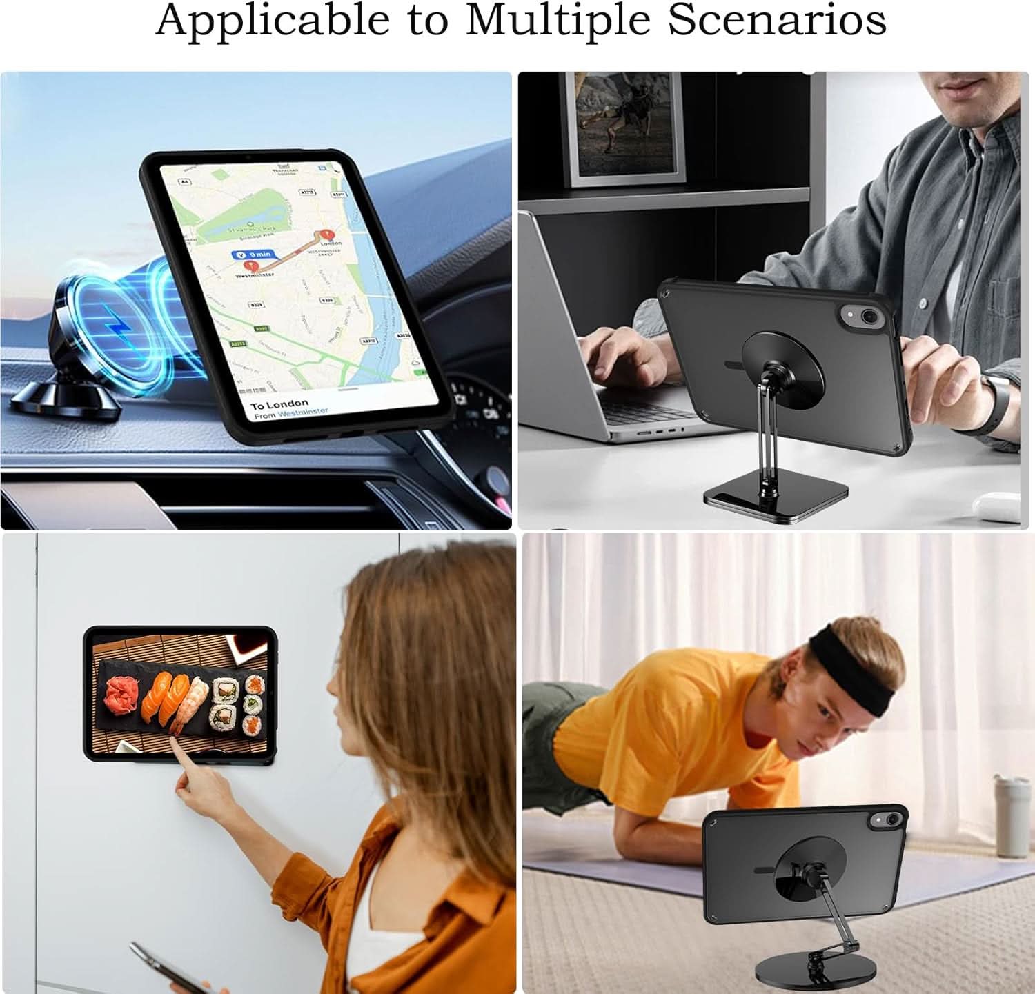 Versatile black iPad Mini case used with various stands in multiple settings.
