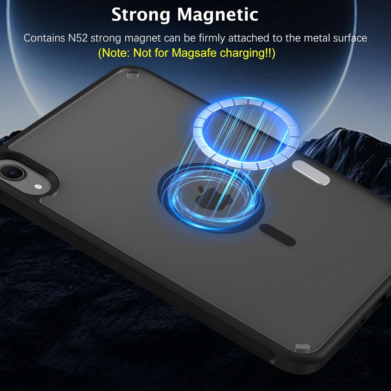 Translucent dark grey iPad Mini case with glowing magnetic ring.
