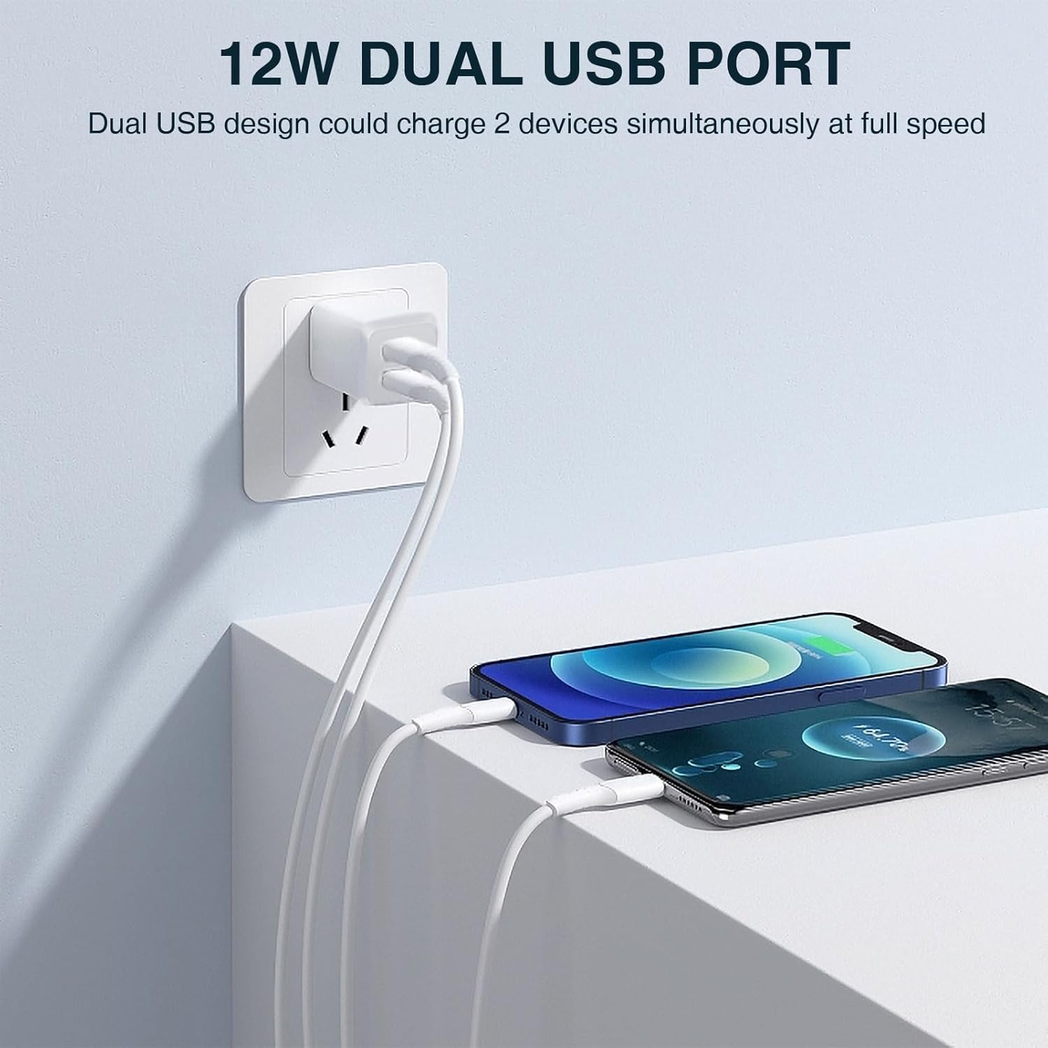 Dual Port USB Wall Charger (Milky White), Fast Charging, Compatible with iPhone 14, 13, 12, 11.