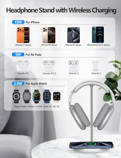 Headphone Stand: Wireless Charger, USB Port, 5-in-1 Charging Station for AirPods, iWatch, iPhone, Samsung