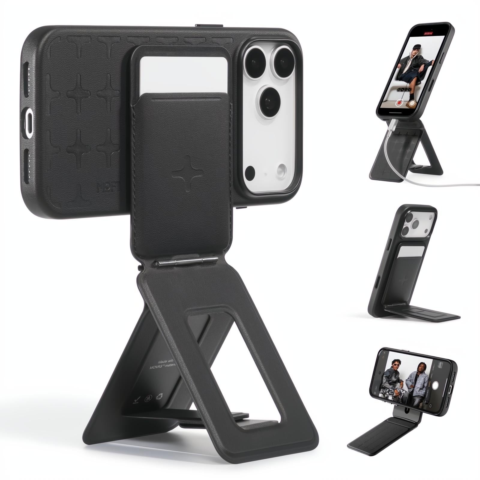 MOFT Phone Tripod Stand Selfie Stick for iPhone, Multi-Angles iPhone Stand, Lightweight & Portable Phone Holder, Strong Magnets, MOVAS Vegan Leather, Travel Essentials, Jet Black (Without Card Slot)