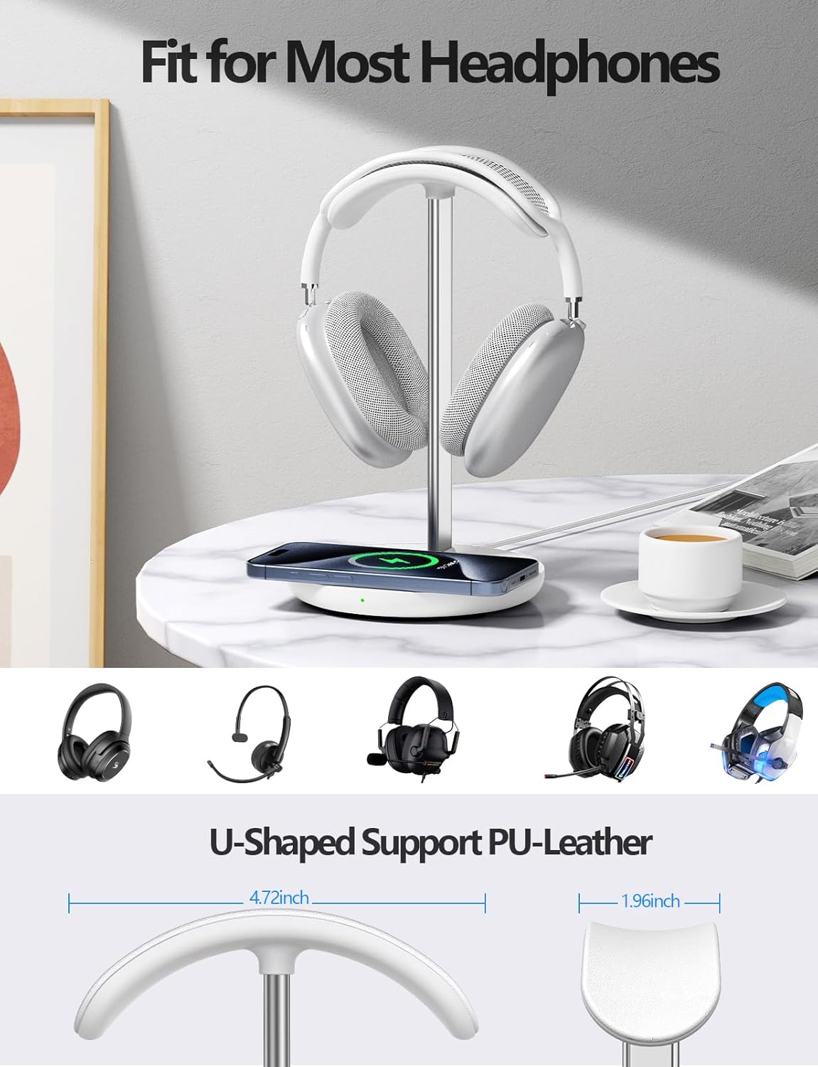 Headphone Stand: Wireless Charger, USB Port, 5-in-1 Charging Station for AirPods, iWatch, iPhone, Samsung