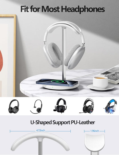 Headphone Stand: Wireless Charger, USB Port, 5-in-1 Charging Station for AirPods, iWatch, iPhone, Samsung