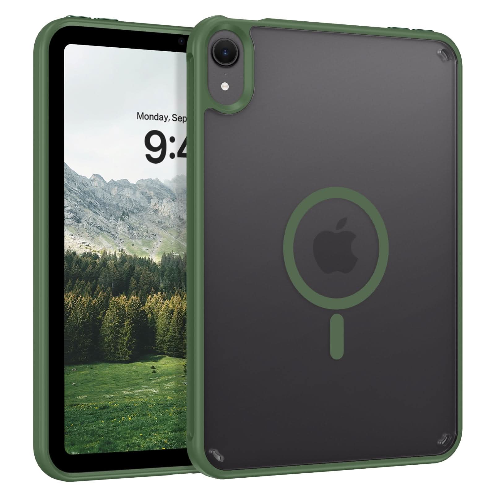 Two dark green translucent tablet cases, one showing screen, other with MagSafe.