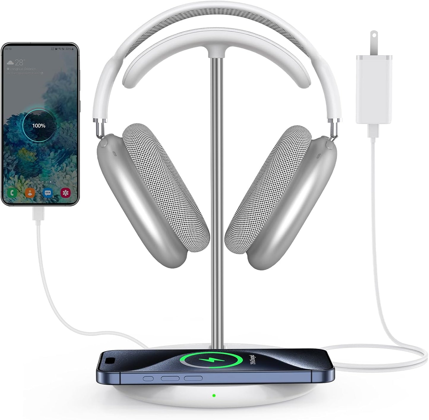 Headphone Stand: Wireless Charger, USB Port, 5-in-1 Charging Station for AirPods, iWatch, iPhone, Samsung