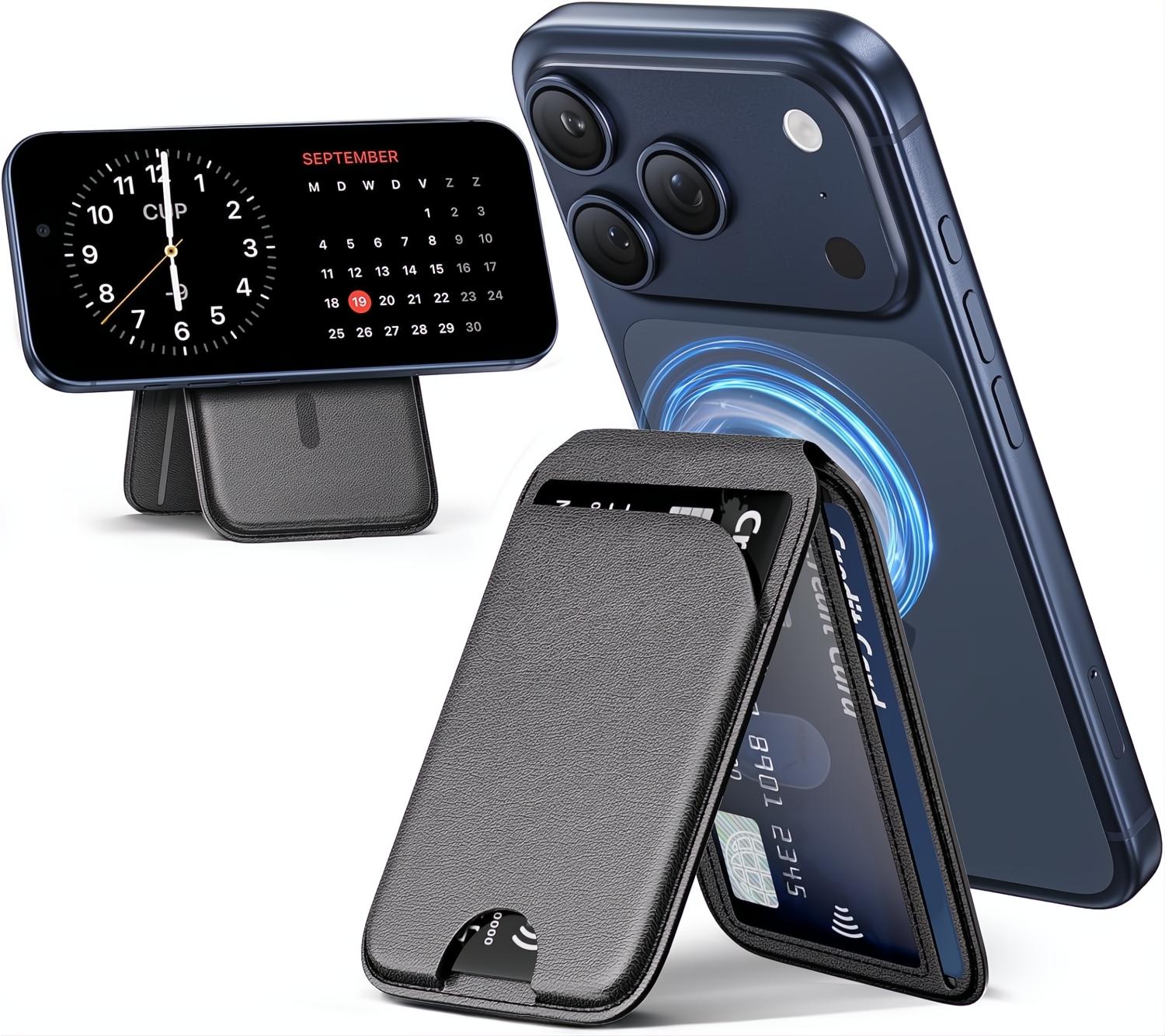 Mag-Safe Wallet Magnetic Wallet for Phone Lightweight Magnetic Phone Pouch Stand Adjustable Leather Mag-Safe Card Holder for iPhone 17/16/15/14/13/12 Series, Not for iPhone 13/12 Mini (Black)