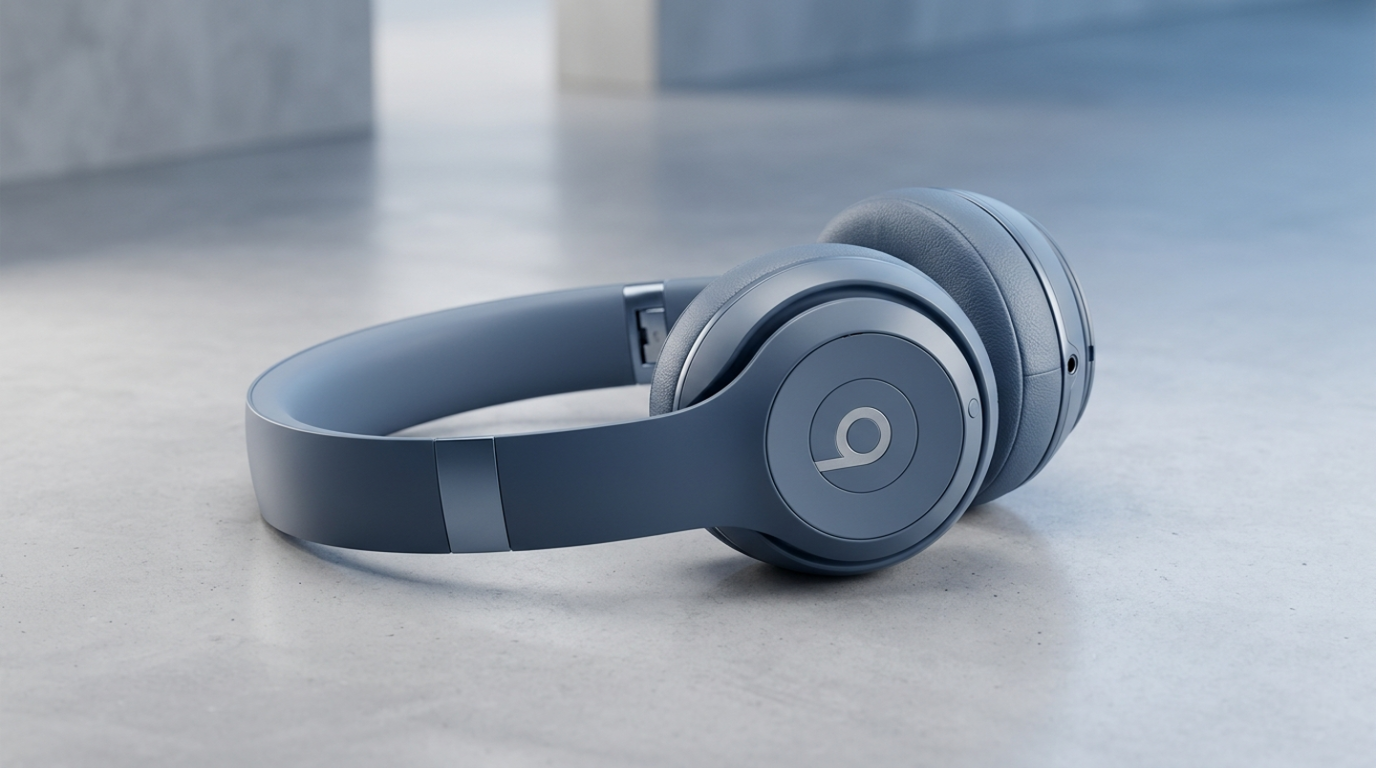 Refurbished Apple Beats headphones in blue color, resting on a smooth surface.