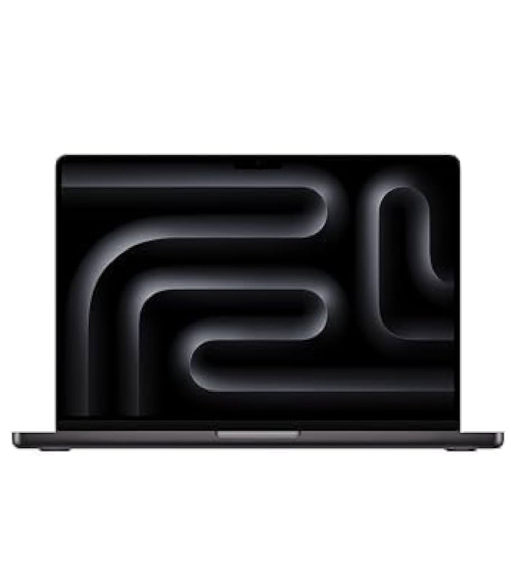 Front view of a Space Black MacBook Pro with a dark abstract screen.