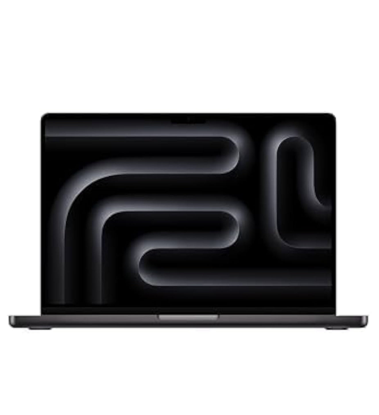 Front view of a Space Black MacBook Pro with a dark abstract screen.