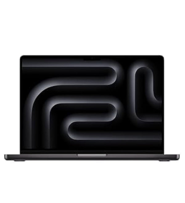 Front view of a Space Black MacBook Pro with a dark abstract screen.