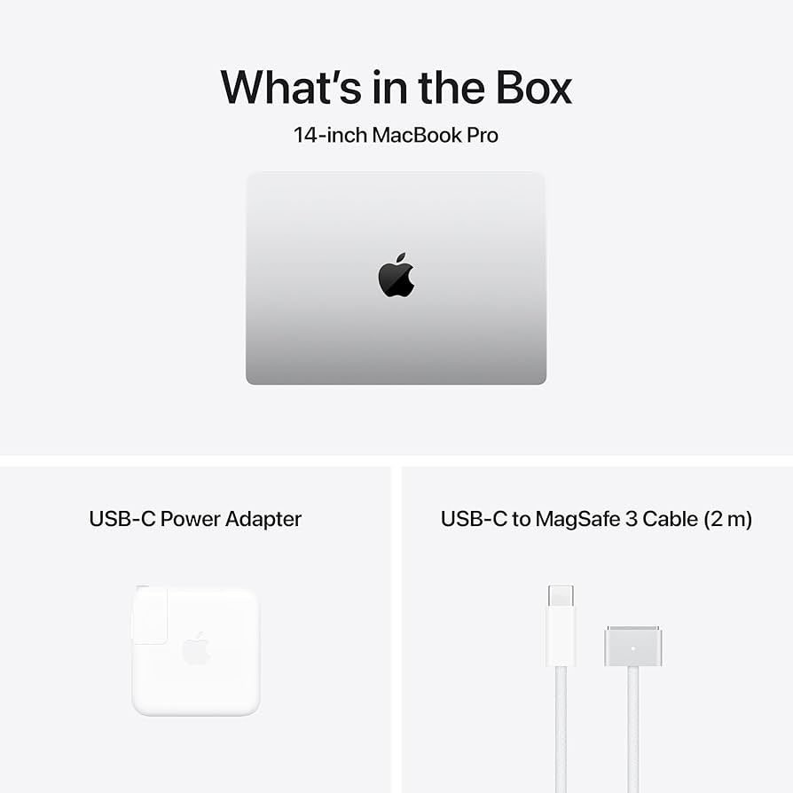 Silver 14-inch MacBook Pro and its white power adapter and charging cable.