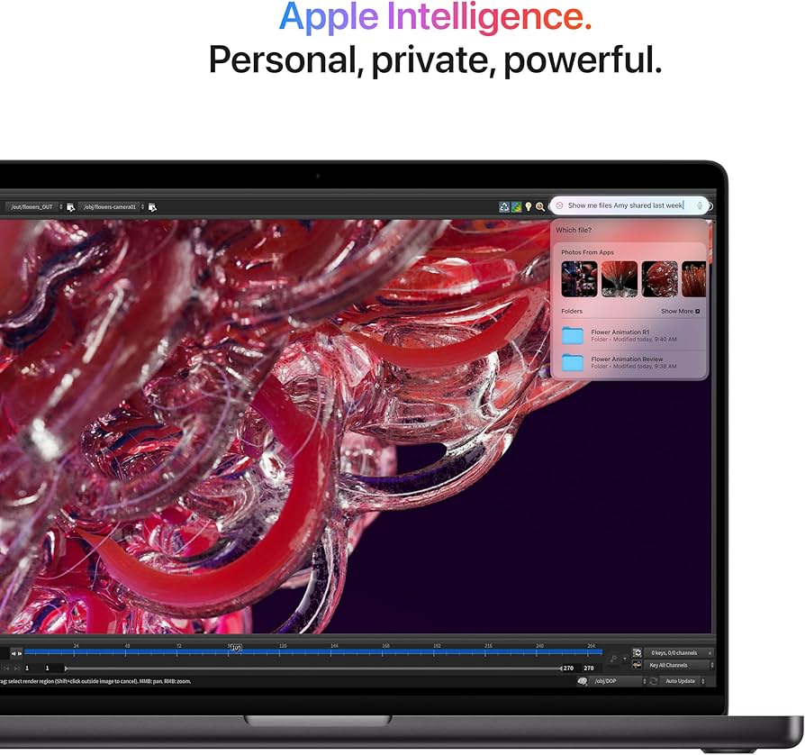 Dark MacBook Pro displaying 3D red glass art and Apple Intelligence text.