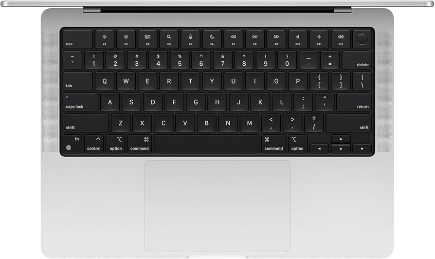 Overhead view of a silver MacBook Pro with a black keyboard and large trackpad.