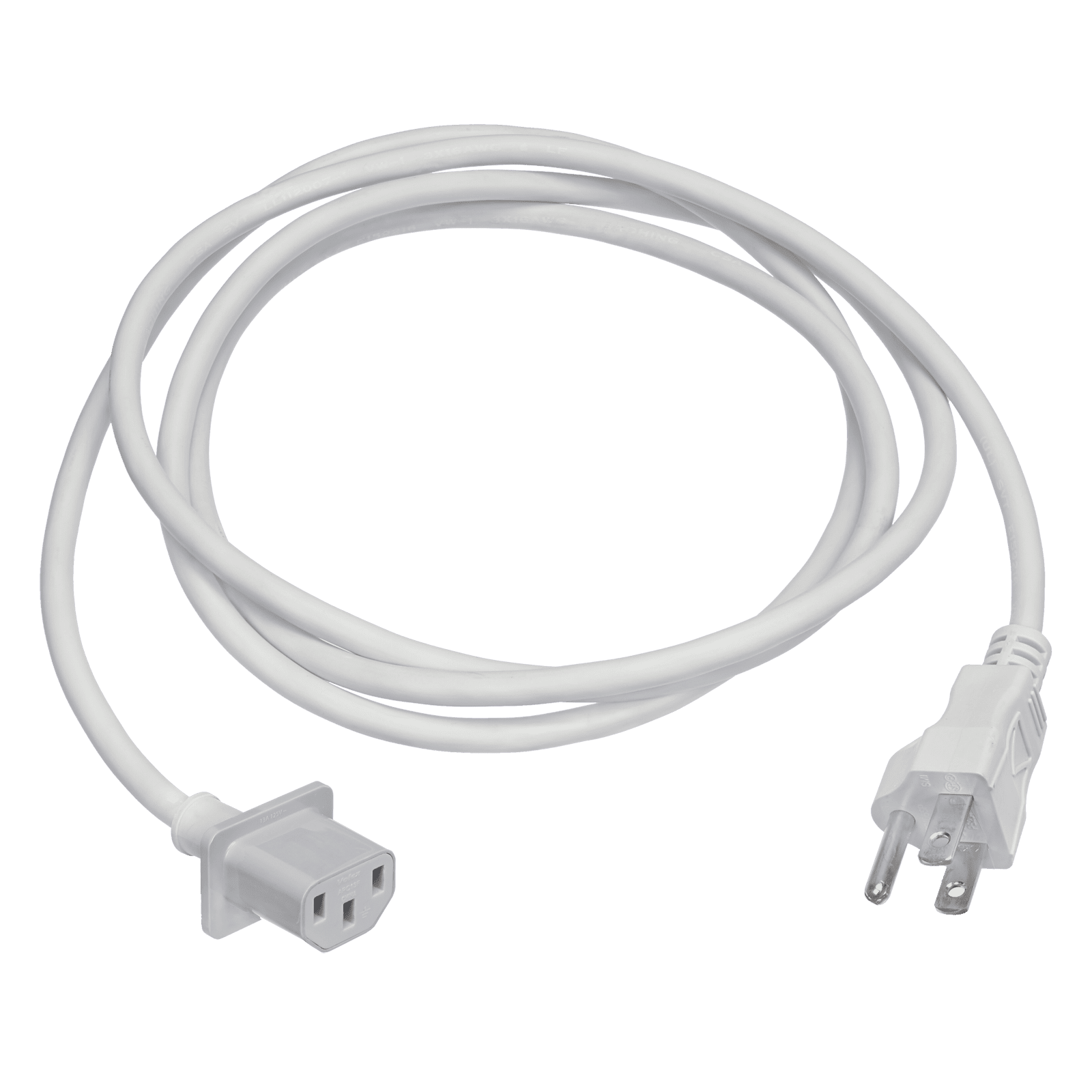White coiled power cord with a C13 connector and a three-prong plug.
