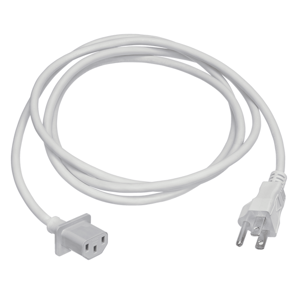 White coiled power cord with a C13 connector and a three-prong plug.