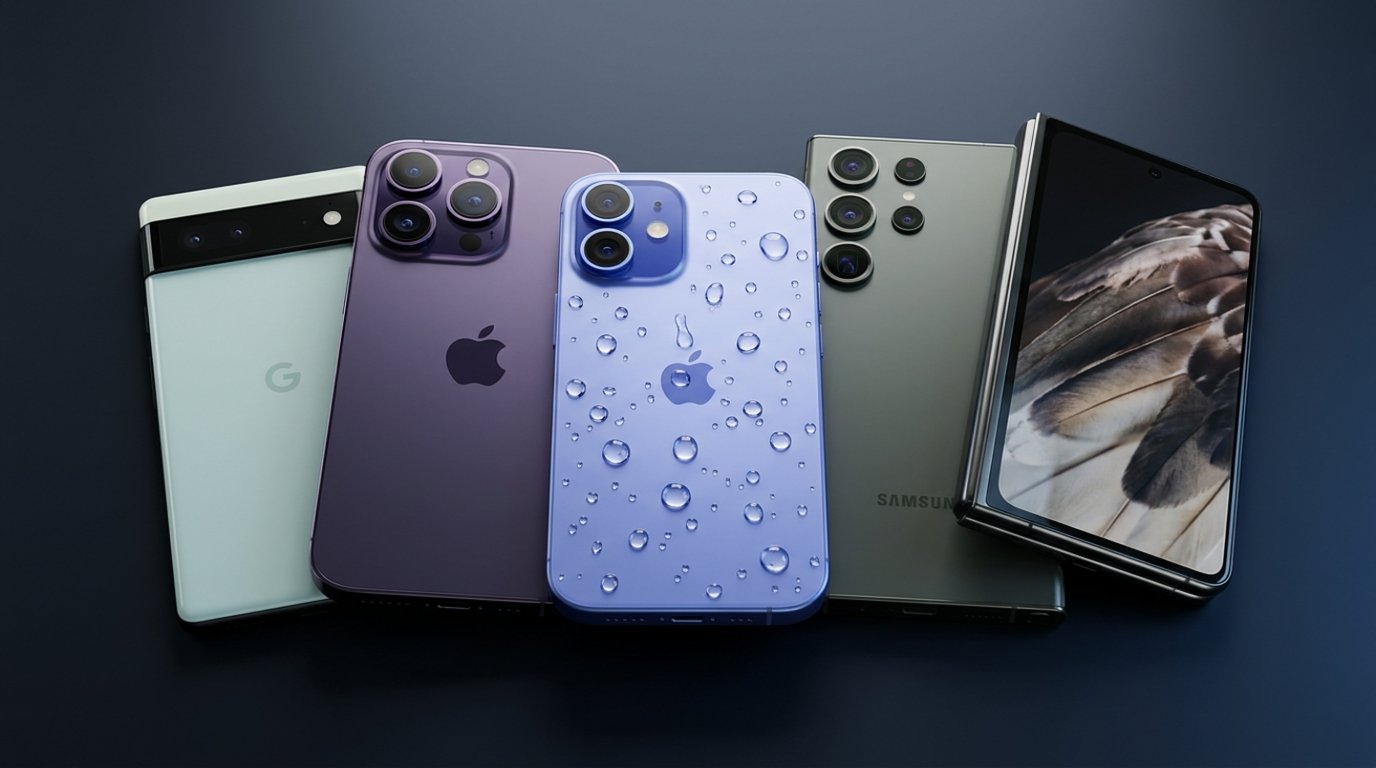 A collection of smartphones including an apple phone, showcasing various colors and designs.