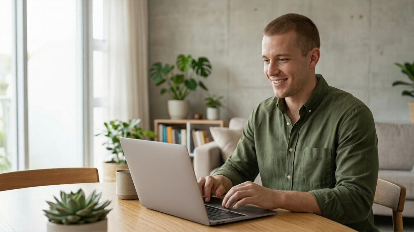 Man using a laptop in a cozy room with plants, showcasing refurbished Apple devices.
