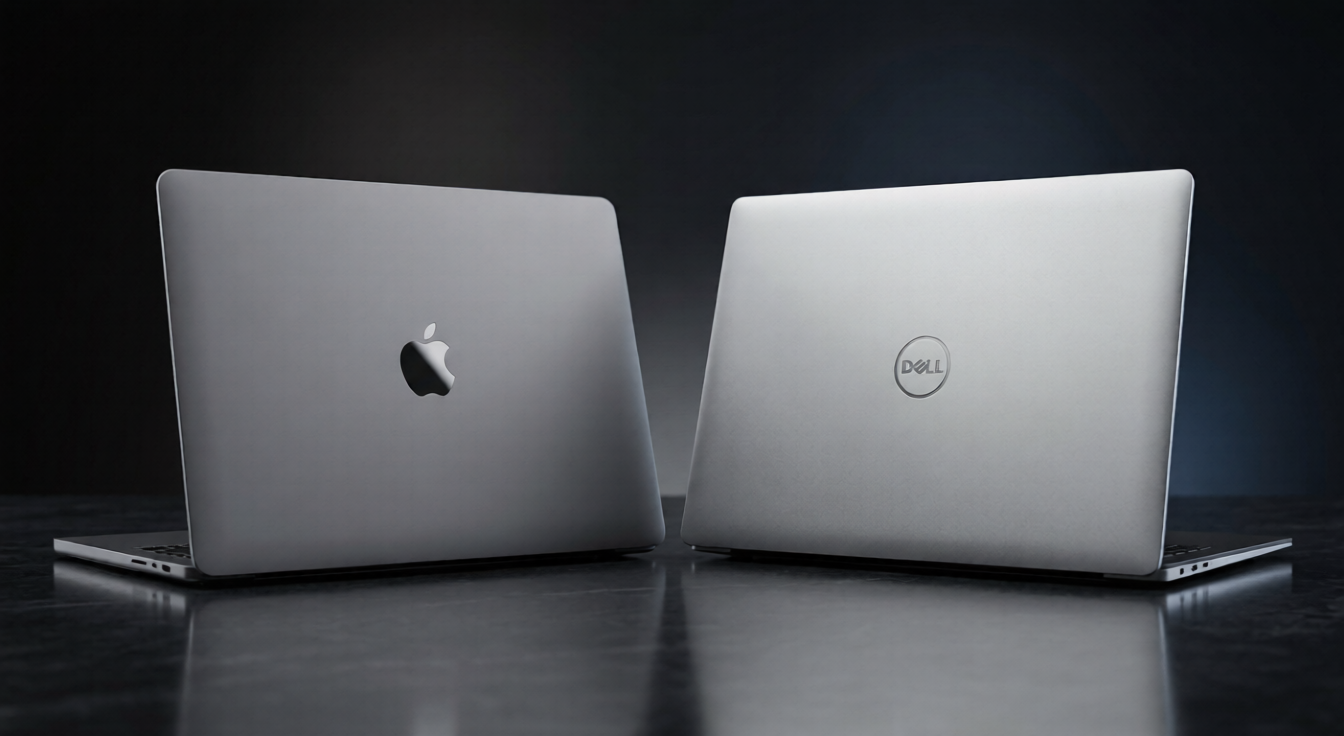 Two laptops on a surface, one with an Apple logo and the other with a Dell logo, showcasing refurbished devices.