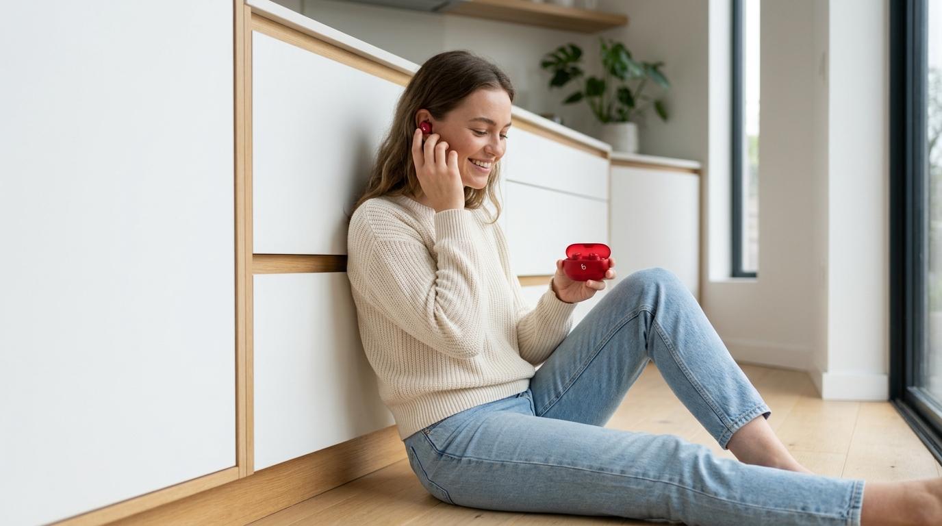 Woman sitting on the floor using Beats earbuds while holding a red case in a modern kitchen.