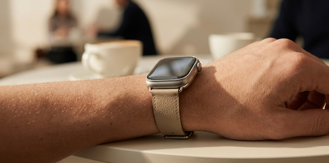 A hand wearing a smartwatch with a leather strap, set on a table with coffee cups in a cafe.