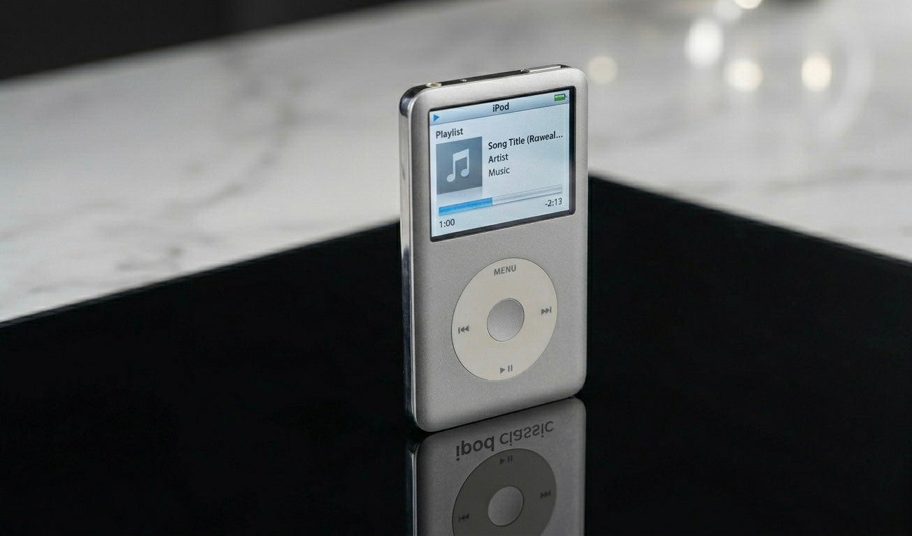 Refurbished Apple iPod with a silver body displaying a music playlist on a black reflective surface.